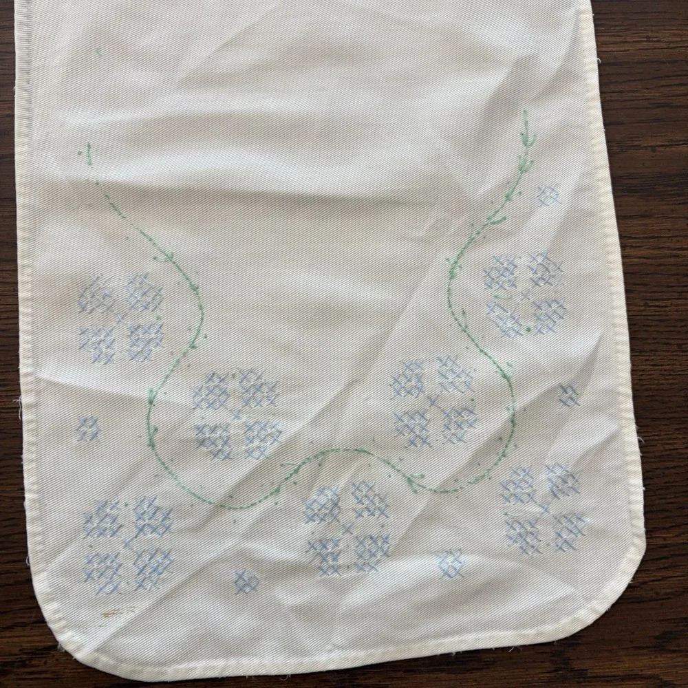 Vintage Ivory Cross Stitch Floral Table Runner Dresser Scarf 11x32 Blue Green